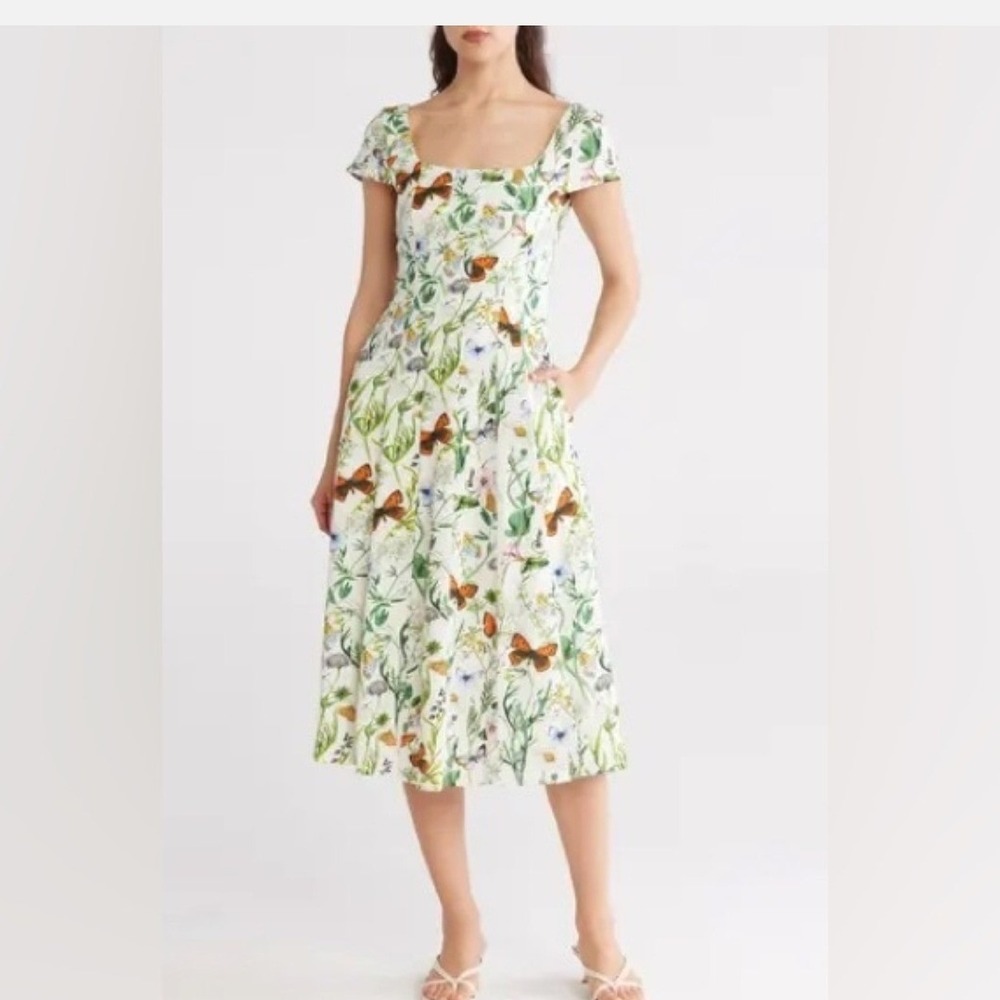 Avec Les Filles Botanical Butterfly Floral Midi Dress White Womens 2 Linen